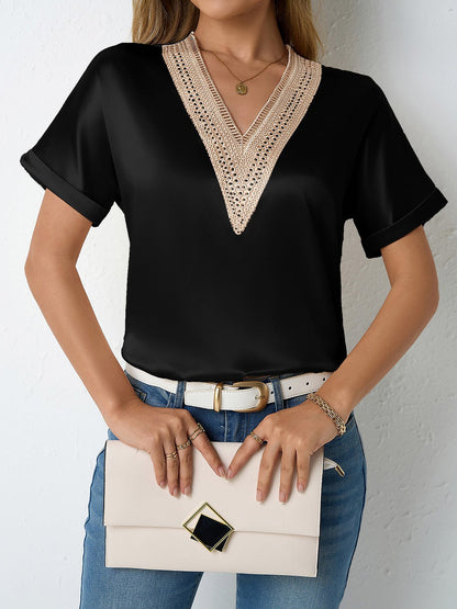 Lace Trim V Neck Satin Short Sleeves Blouse