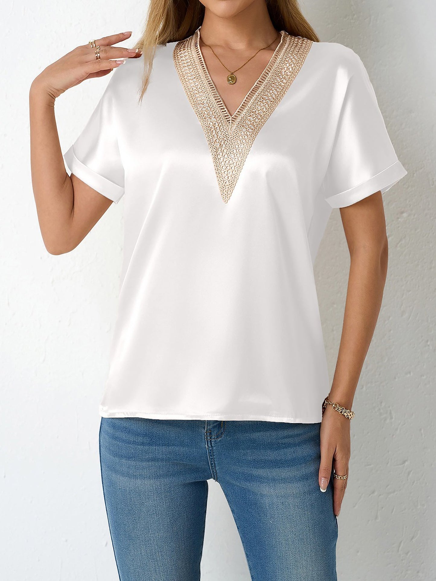 Lace Trim V Neck Satin Short Sleeves Blouse