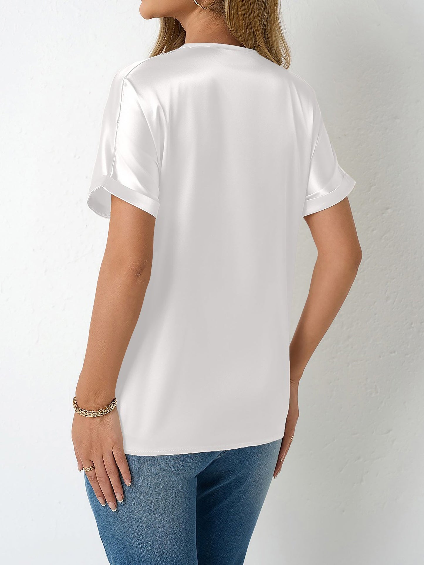 Lace Trim V Neck Satin Short Sleeves Blouse