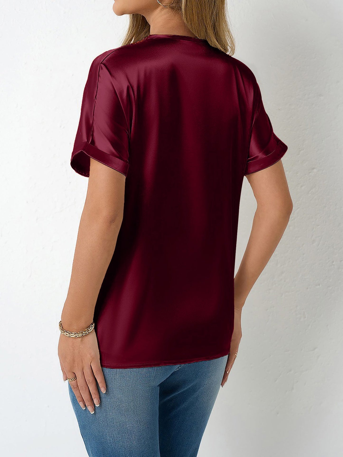 Lace Trim V Neck Satin Short Sleeves Blouse