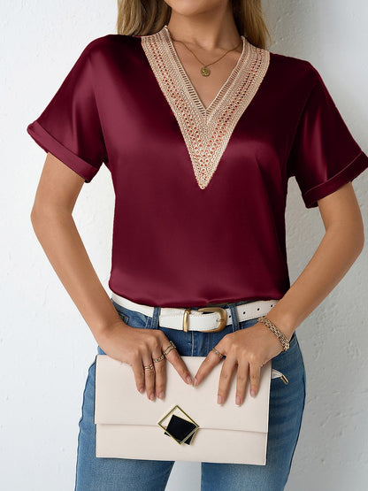 Lace Trim V Neck Satin Short Sleeves Blouse