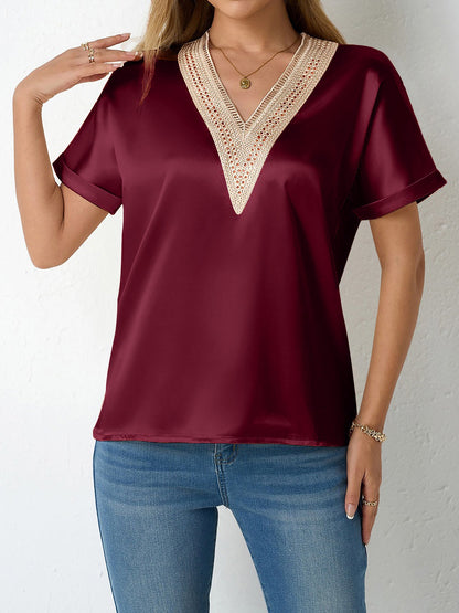 Lace Trim V Neck Satin Short Sleeves Blouse