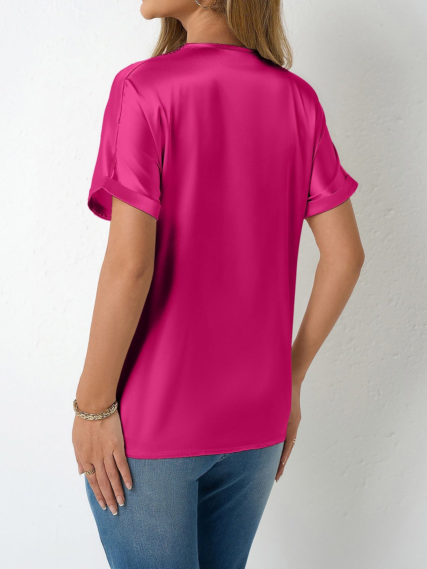 Lace Trim V Neck Satin Short Sleeves Blouse