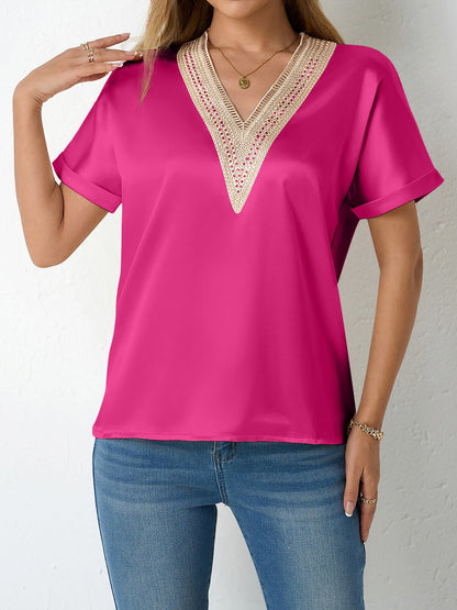 Lace Trim V Neck Satin Short Sleeves Blouse