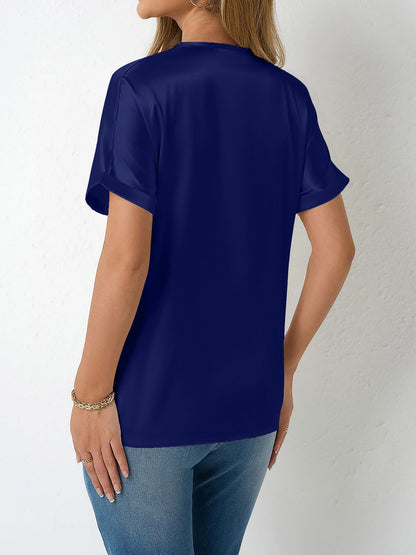 Lace Trim V Neck Satin Short Sleeves Blouse