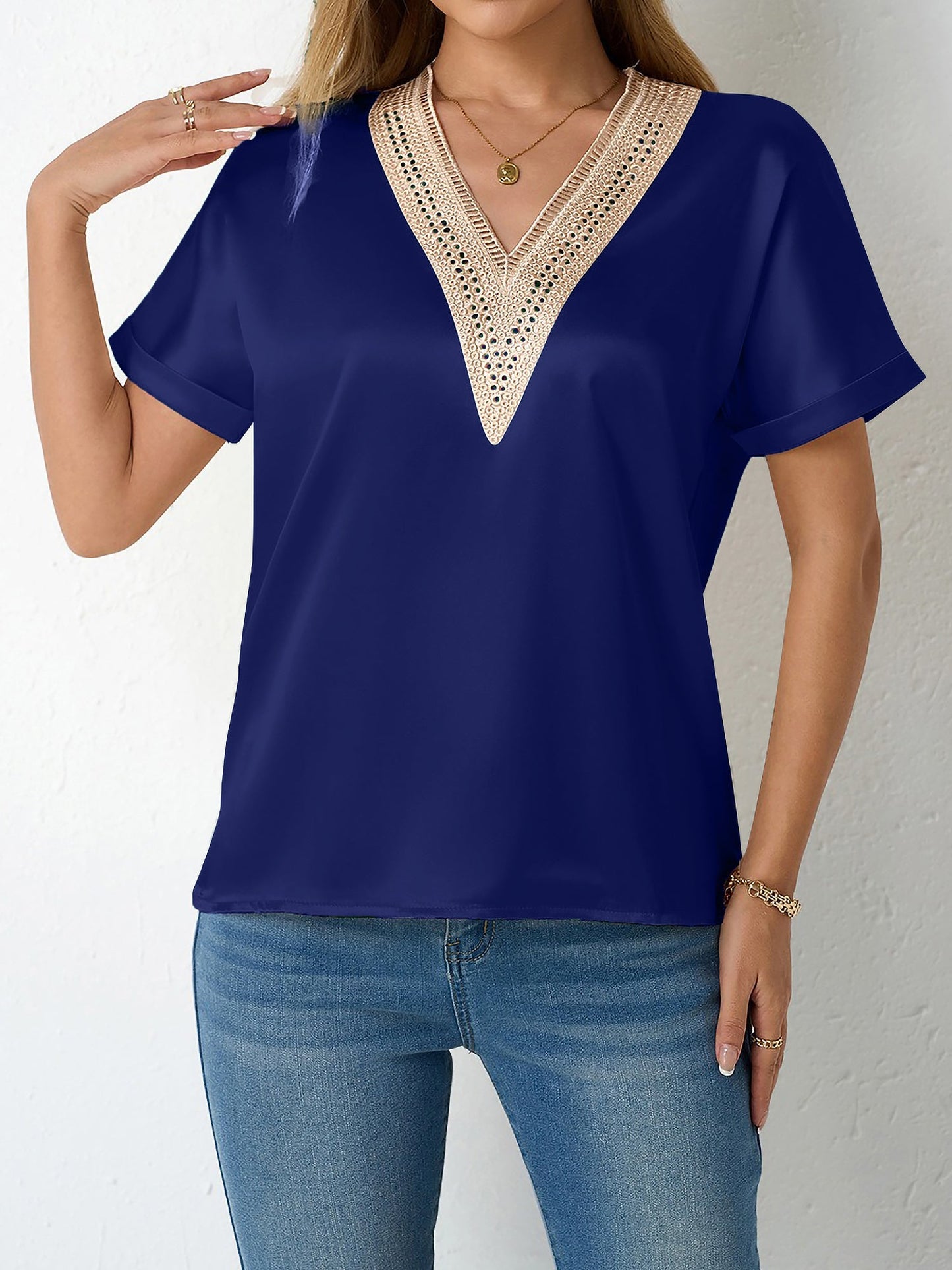 Lace Trim V Neck Satin Short Sleeves Blouse