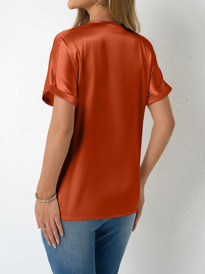 Lace Trim V Neck Satin Short Sleeves Blouse