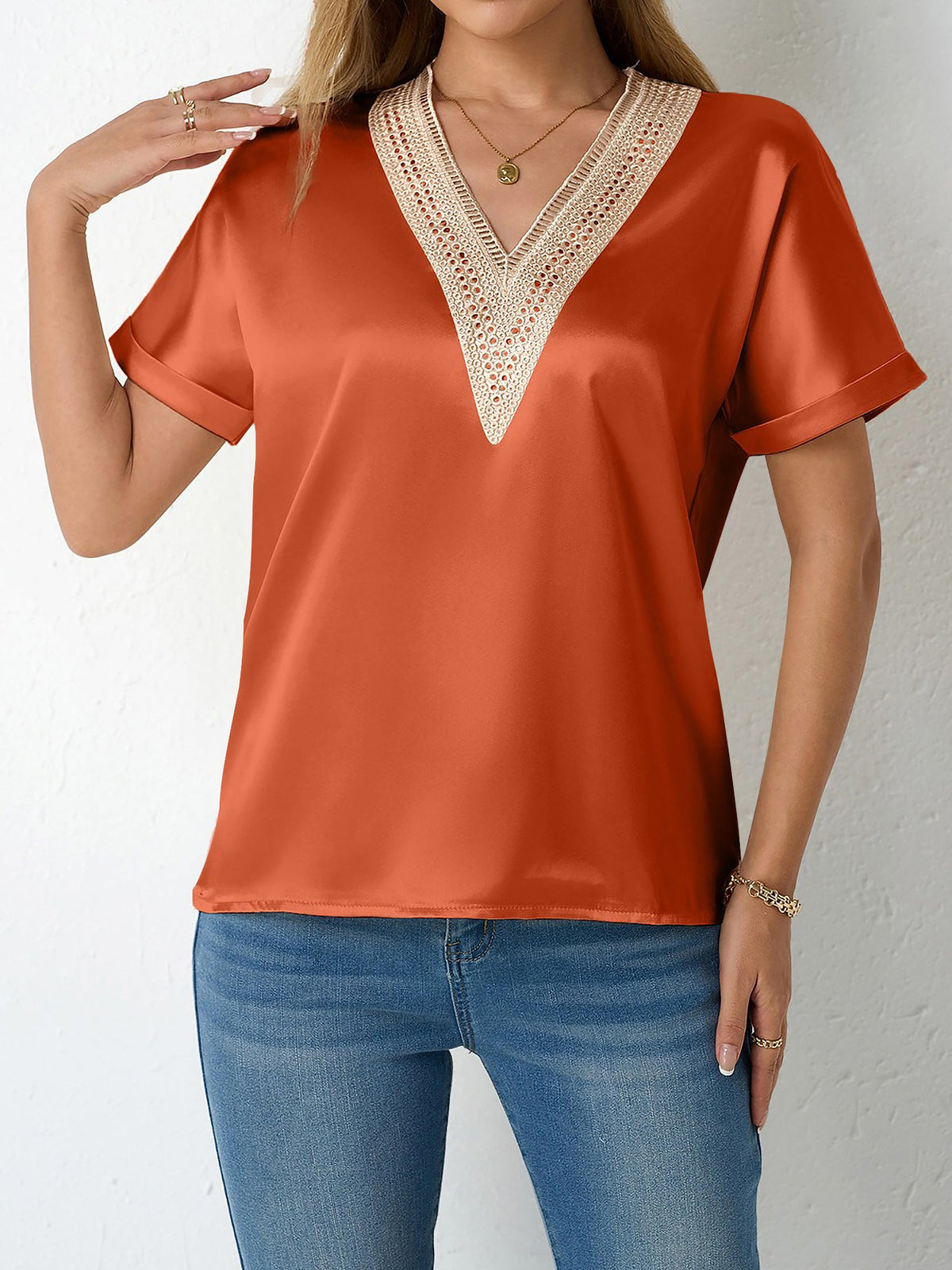 Lace Trim V Neck Satin Short Sleeves Blouse