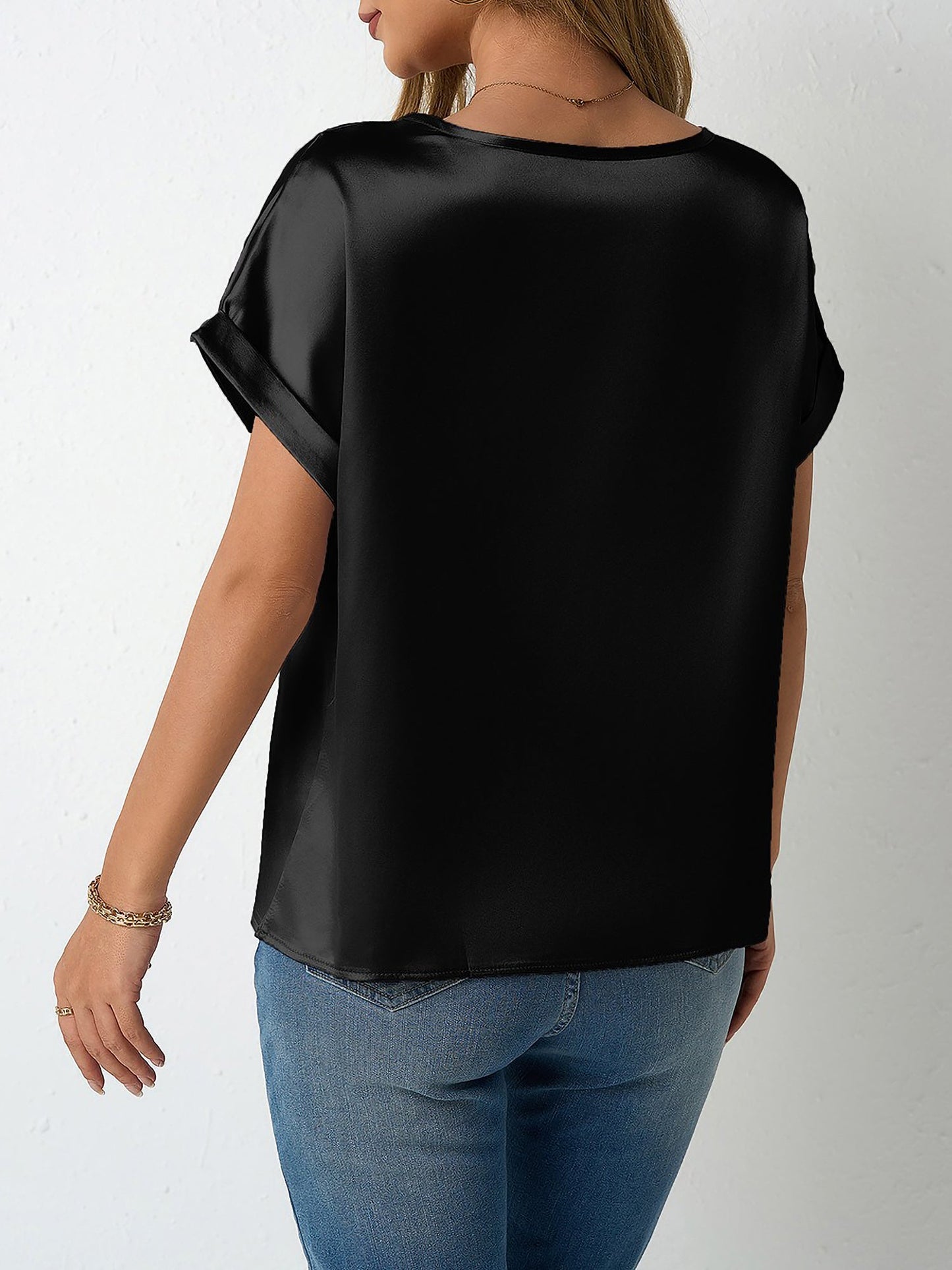 Round Neck Short Sleeves Satin Solid Color Blouse