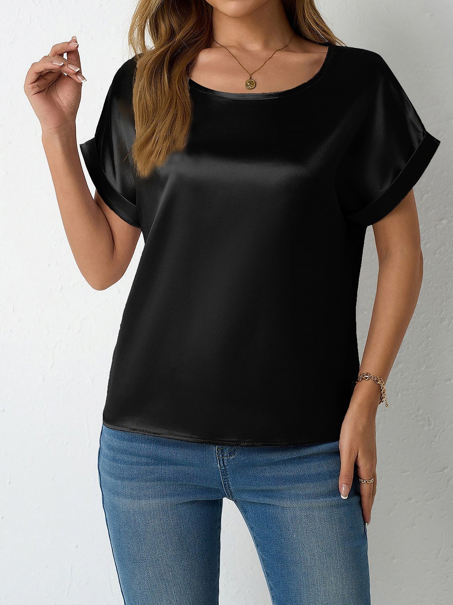 Round Neck Short Sleeves Satin Solid Color Blouse