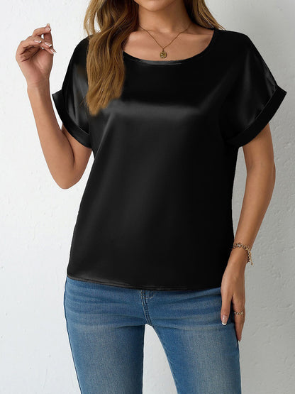 Round Neck Short Sleeves Satin Solid Color Blouse