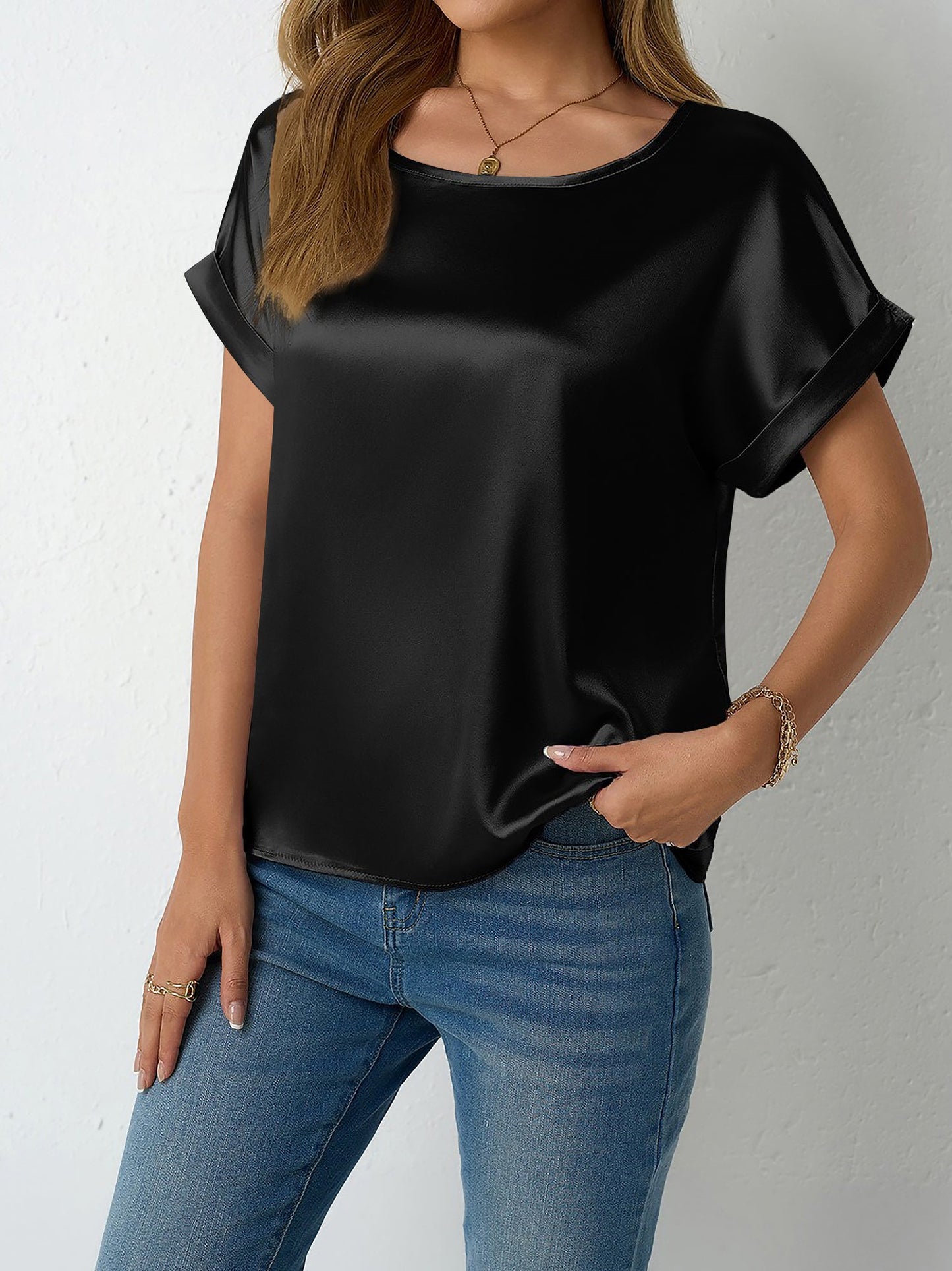 Round Neck Short Sleeves Satin Solid Color Blouse