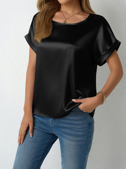 Round Neck Short Sleeves Satin Solid Color Blouse