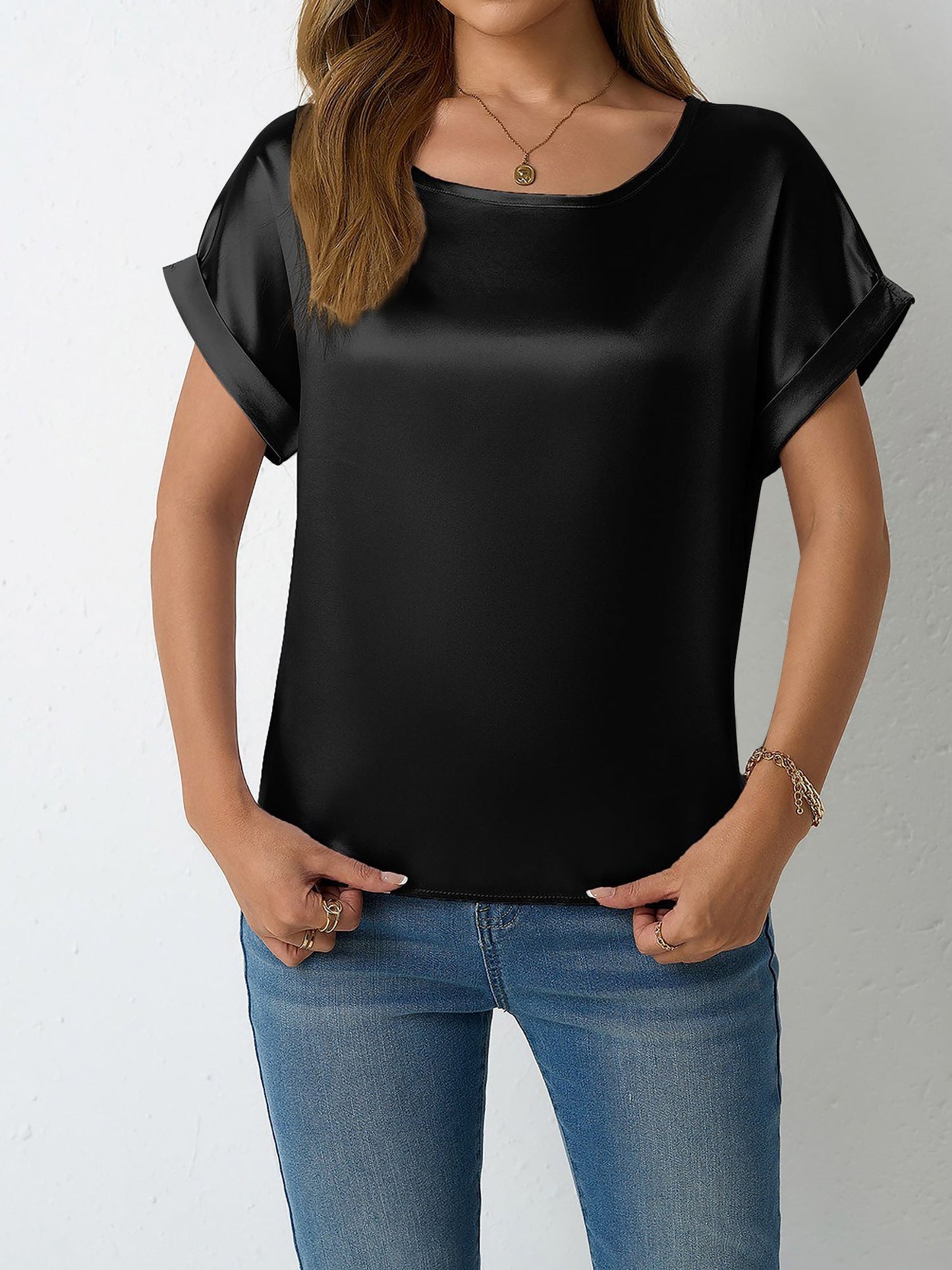 Round Neck Short Sleeves Satin Solid Color Blouse