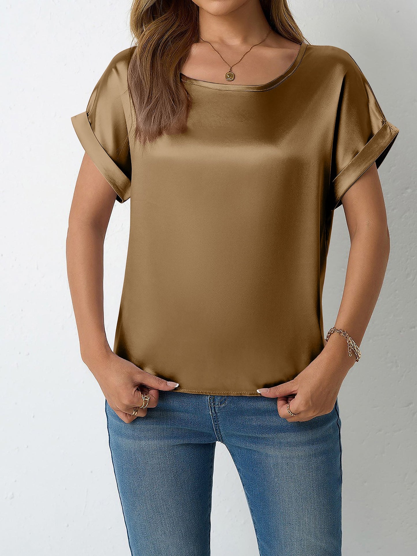 Round Neck Short Sleeves Satin Solid Color Blouse
