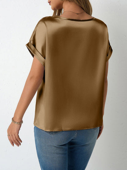 Round Neck Short Sleeves Satin Solid Color Blouse