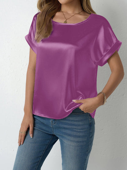 Round Neck Short Sleeves Satin Solid Color Blouse