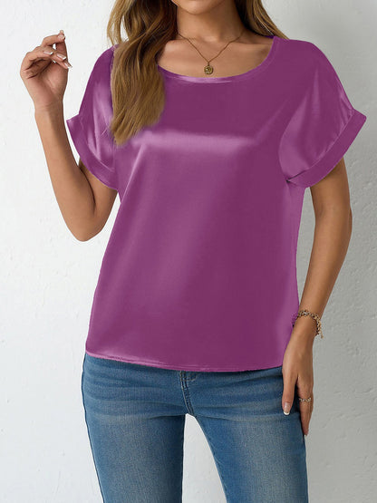 Round Neck Short Sleeves Satin Solid Color Blouse