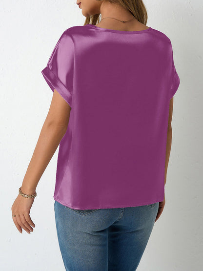 Round Neck Short Sleeves Satin Solid Color Blouse
