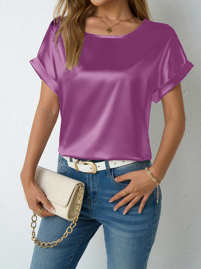 Round Neck Short Sleeves Satin Solid Color Blouse