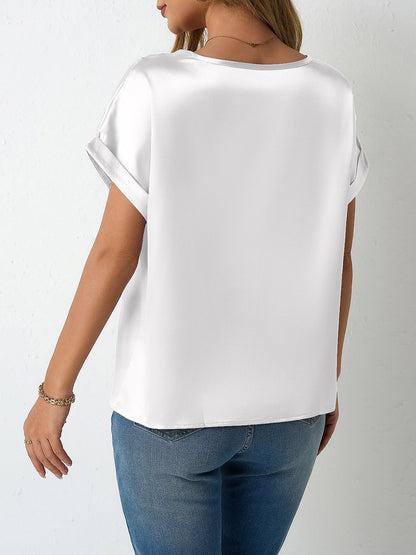 Round Neck Short Sleeves Satin Solid Color Blouse