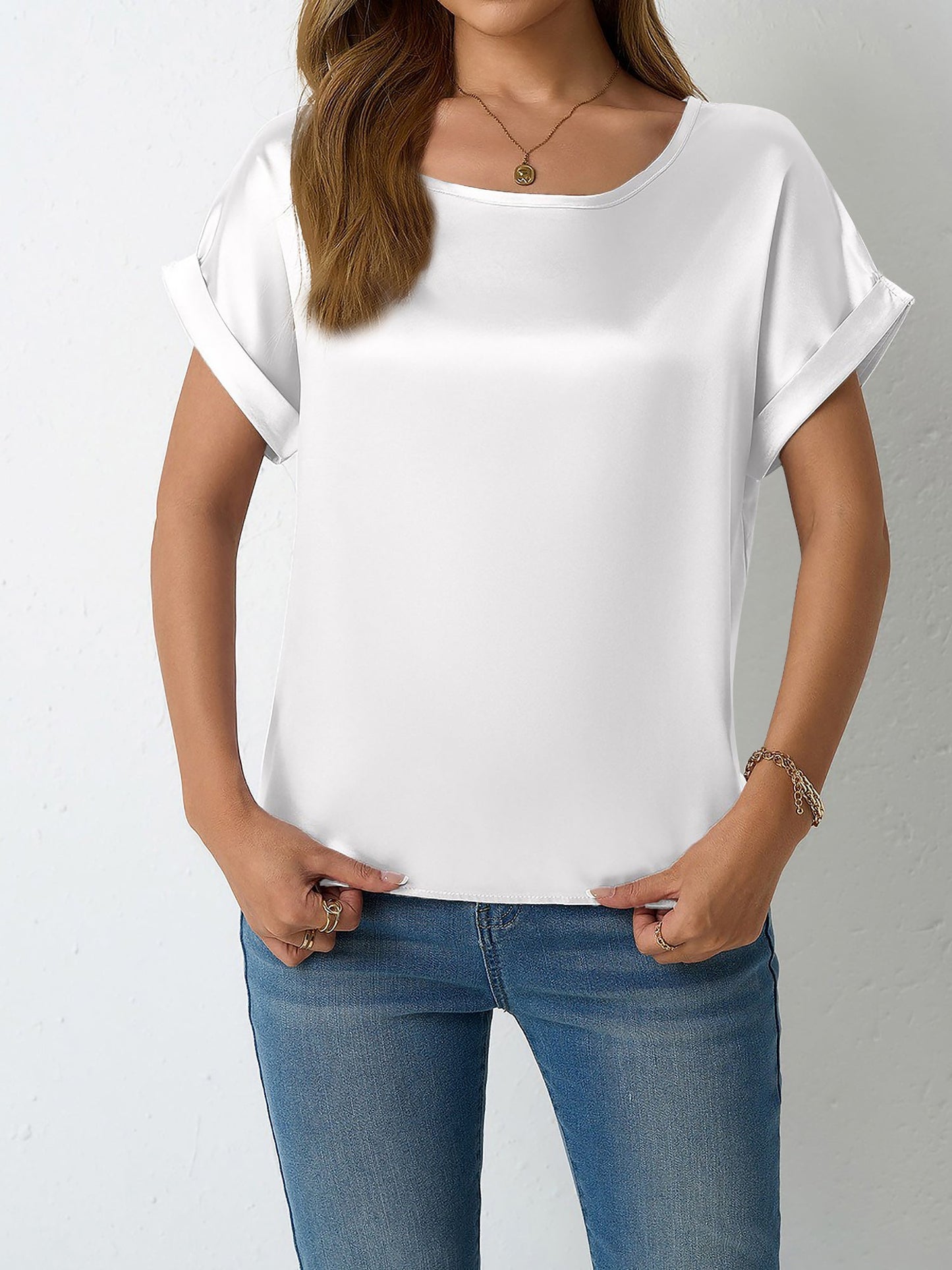 Round Neck Short Sleeves Satin Solid Color Blouse