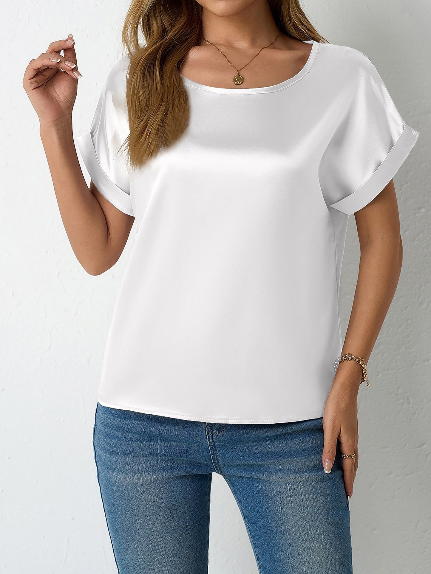 Round Neck Short Sleeves Satin Solid Color Blouse