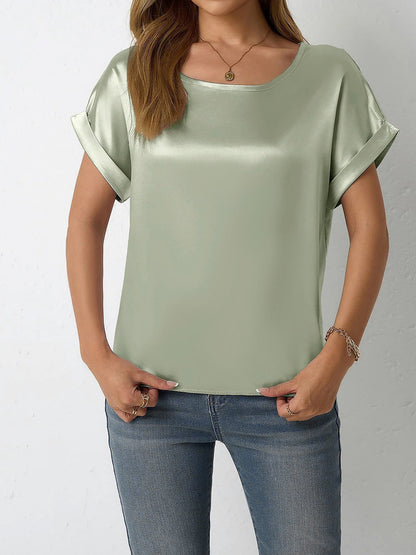 Round Neck Short Sleeves Satin Solid Color Blouse