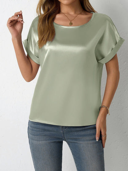 Round Neck Short Sleeves Satin Solid Color Blouse