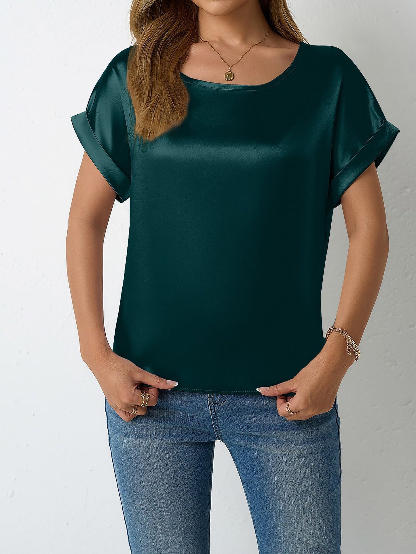 Round Neck Short Sleeves Satin Solid Color Blouse