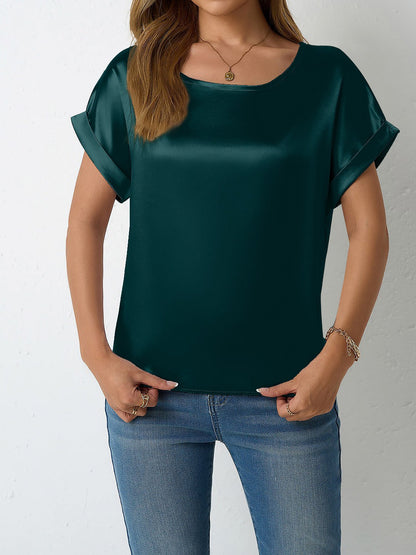 Round Neck Short Sleeves Satin Solid Color Blouse