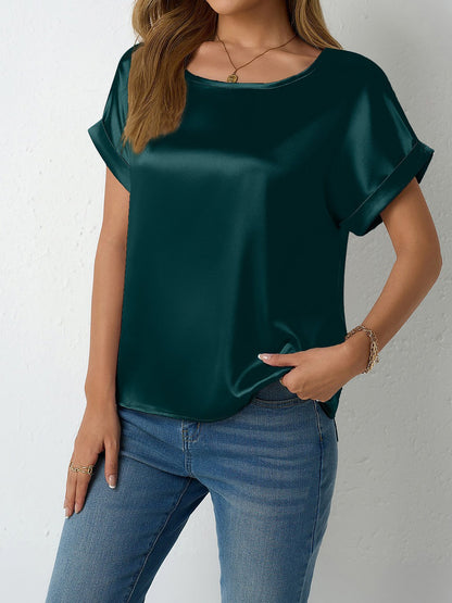 Round Neck Short Sleeves Satin Solid Color Blouse