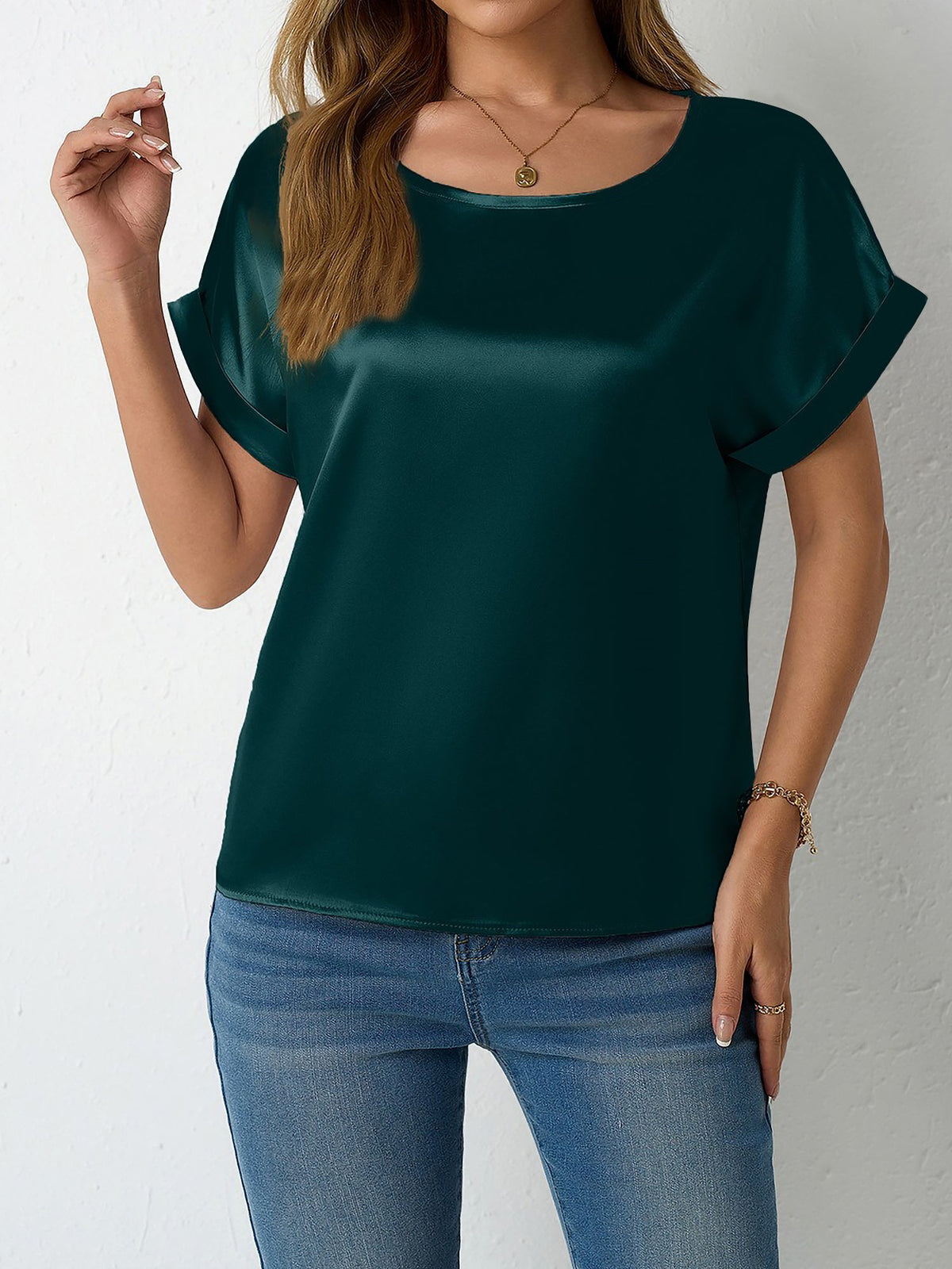 Round Neck Short Sleeves Satin Solid Color Blouse