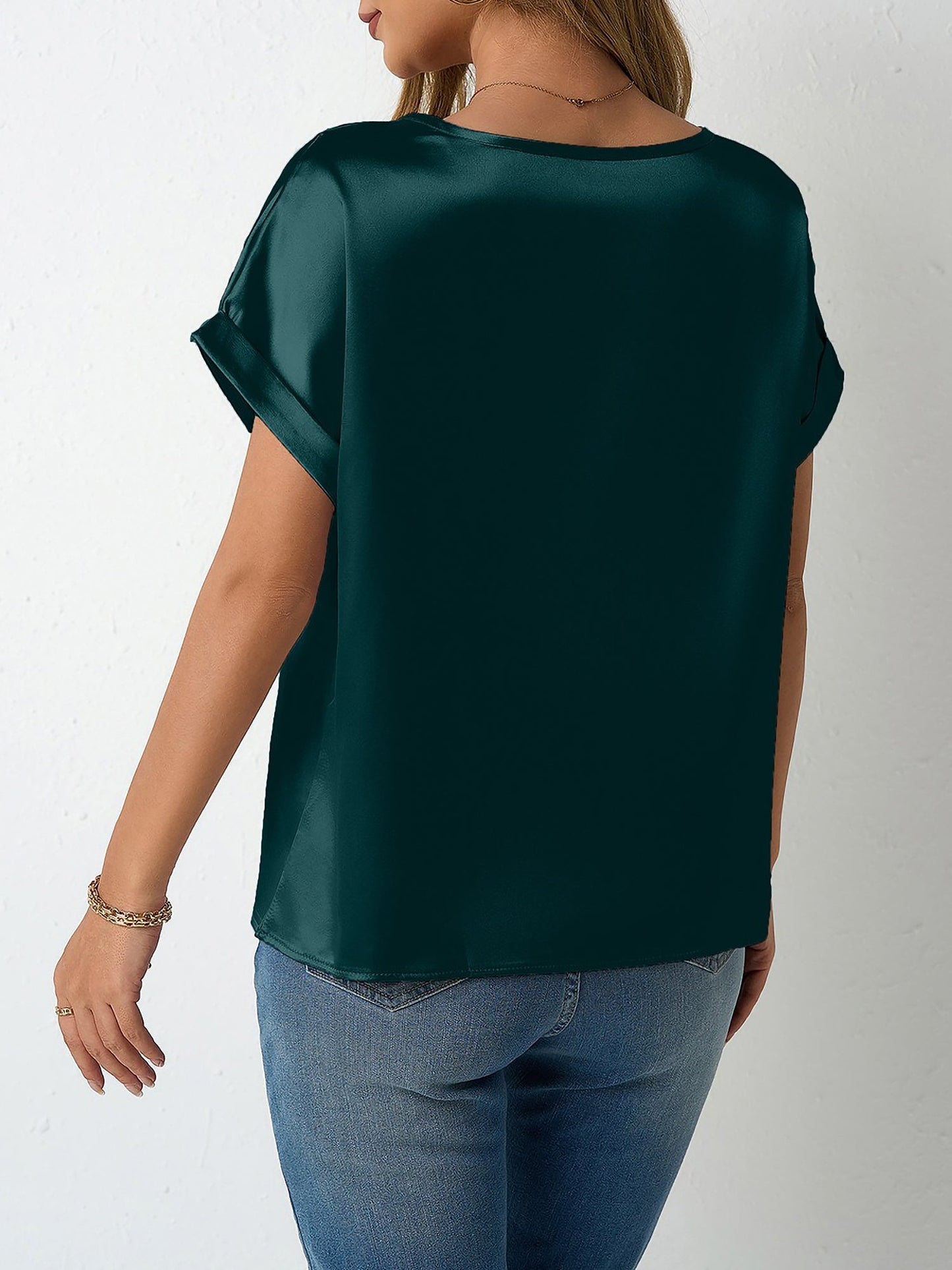 Round Neck Short Sleeves Satin Solid Color Blouse