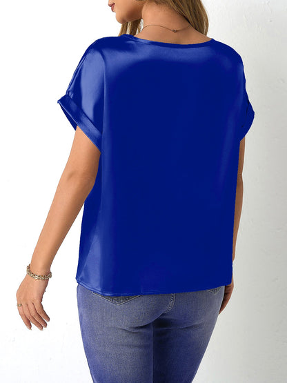 Round Neck Short Sleeves Satin Solid Color Blouse