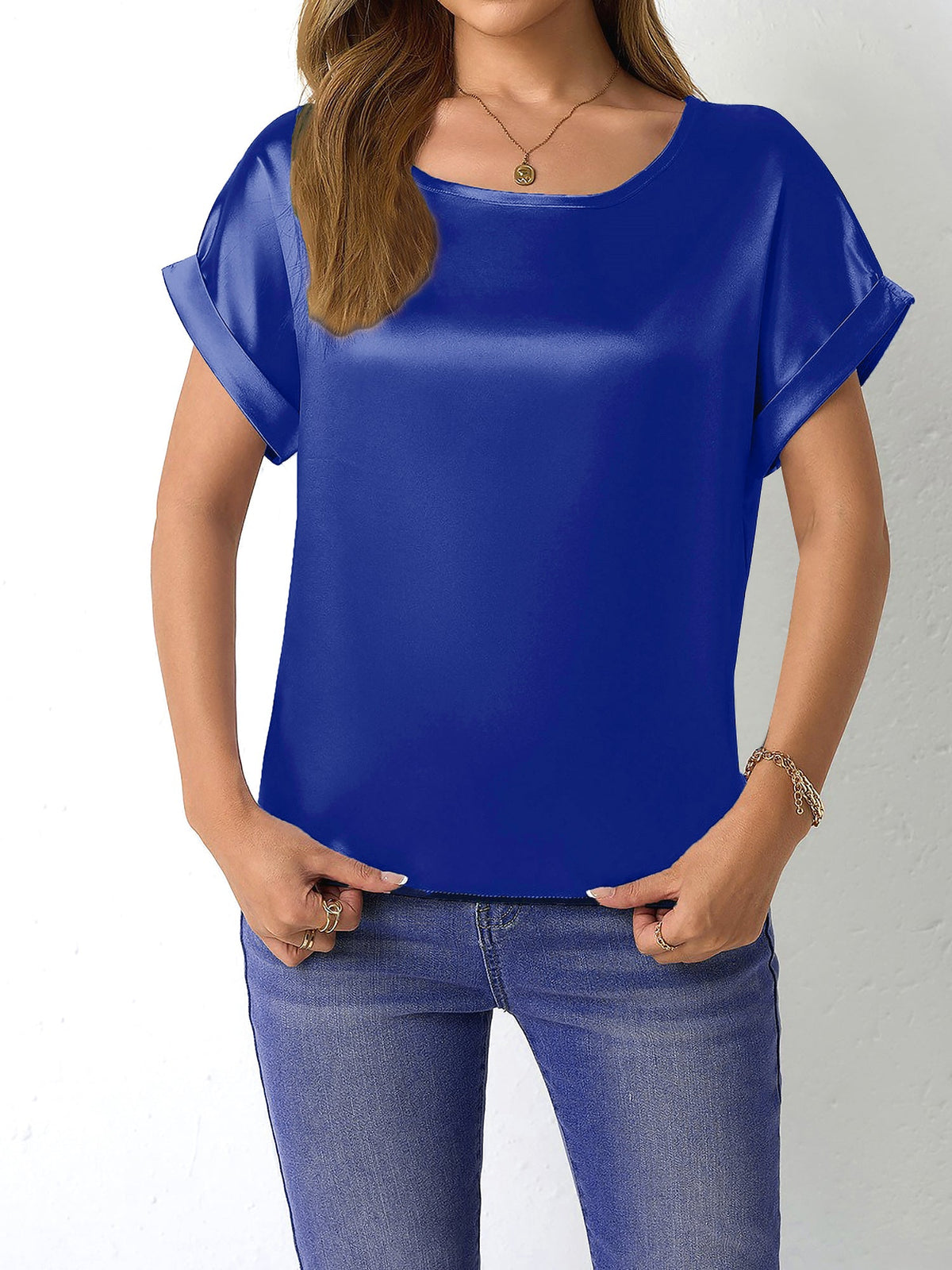 Round Neck Short Sleeves Satin Solid Color Blouse