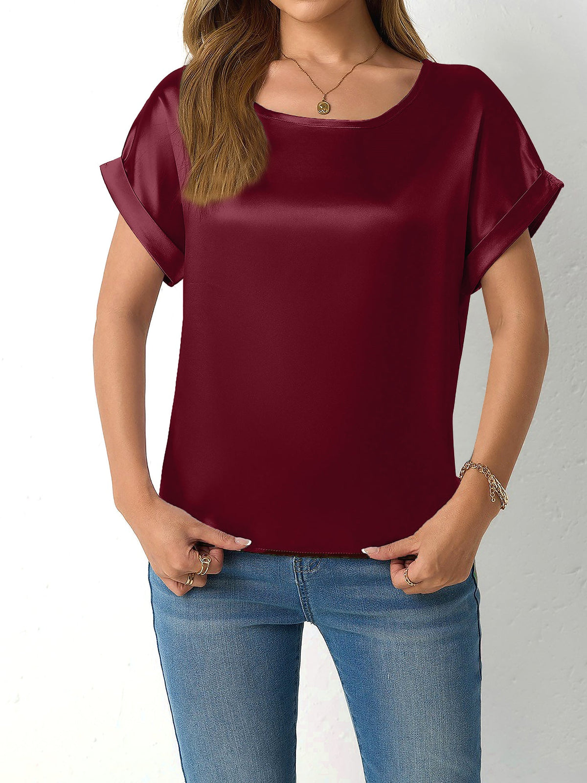 Round Neck Short Sleeves Satin Solid Color Blouse