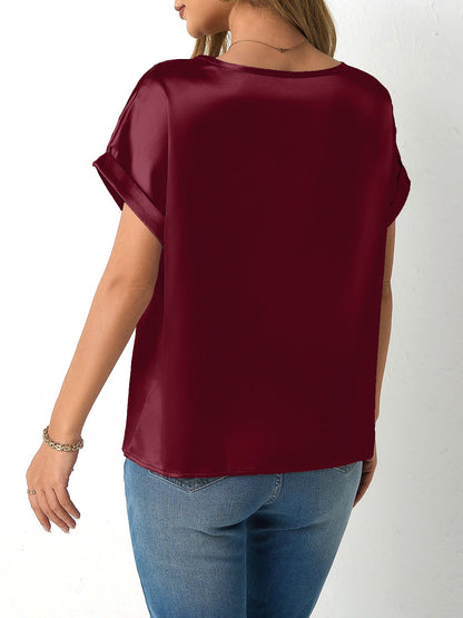 Round Neck Short Sleeves Satin Solid Color Blouse