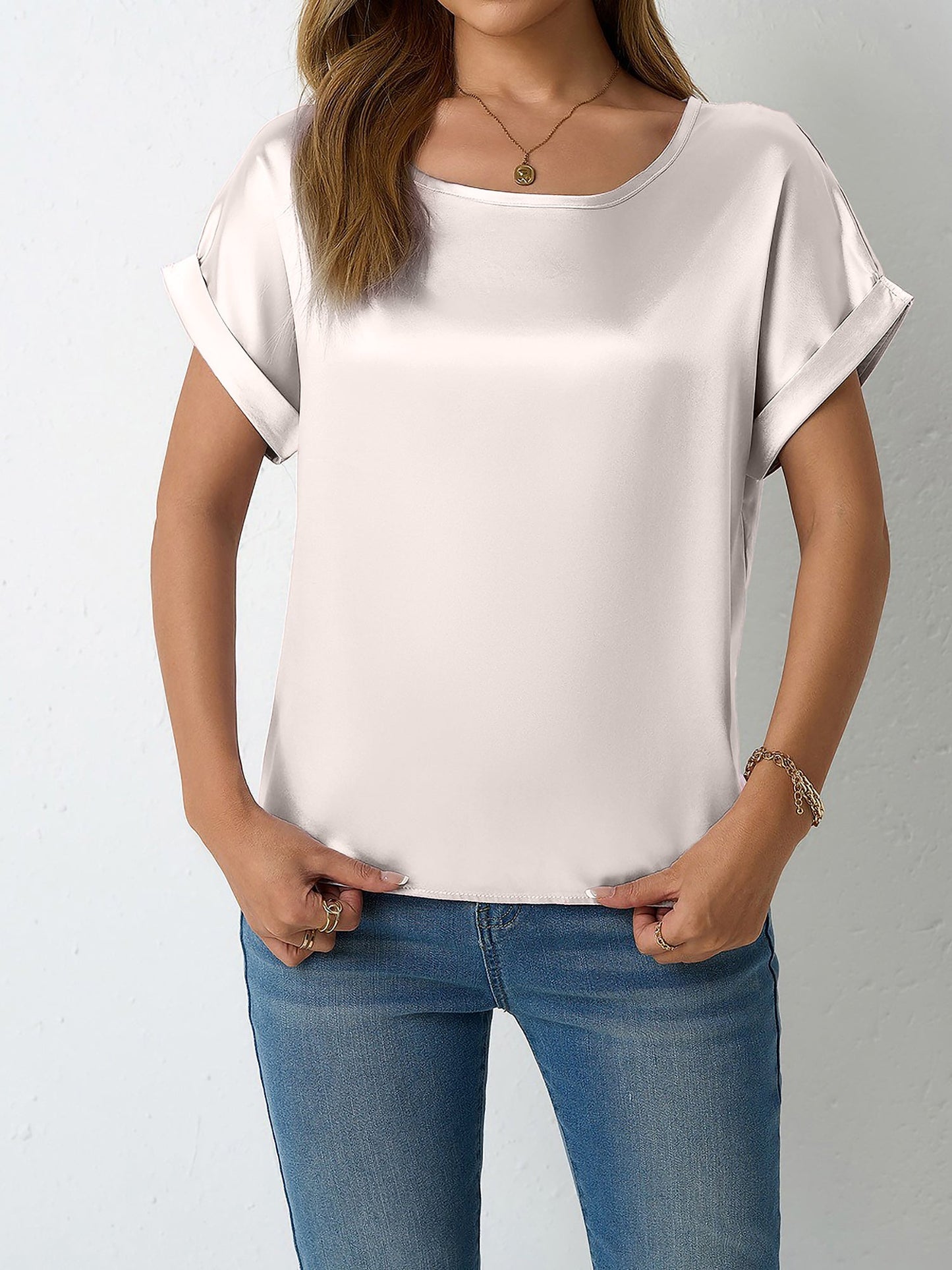 Round Neck Short Sleeves Satin Solid Color Blouse