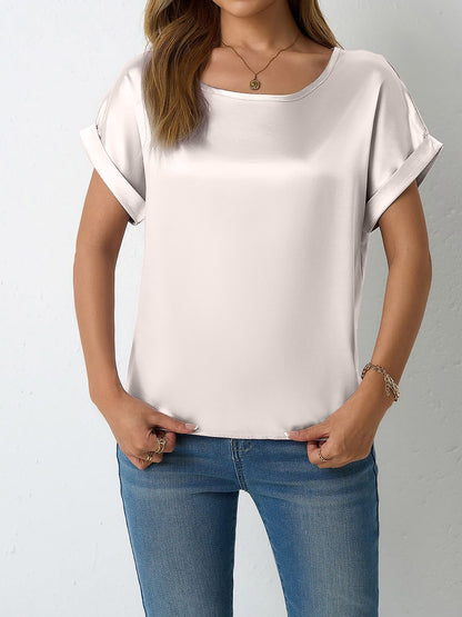 Round Neck Short Sleeves Satin Solid Color Blouse