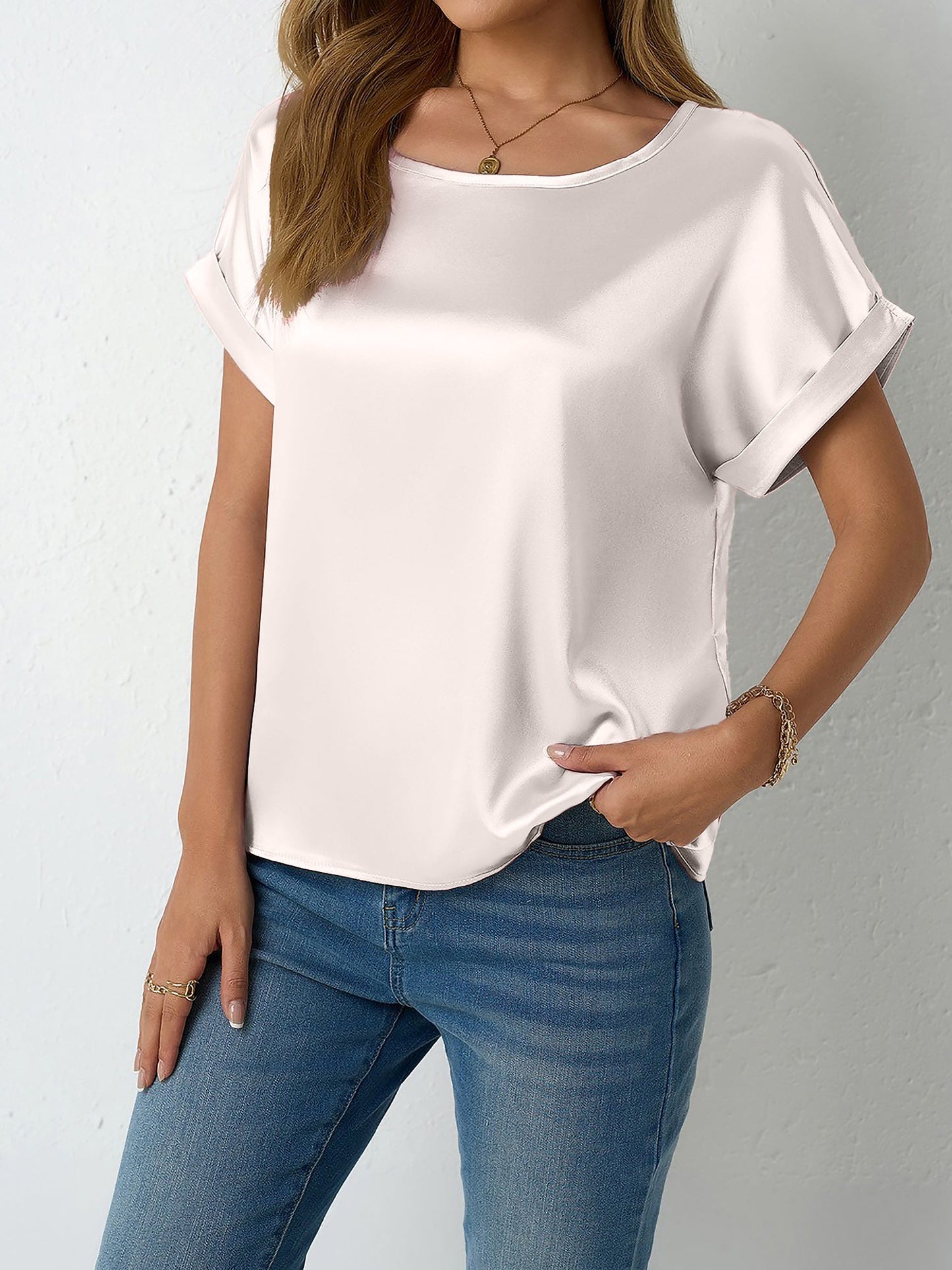 Round Neck Short Sleeves Satin Solid Color Blouse