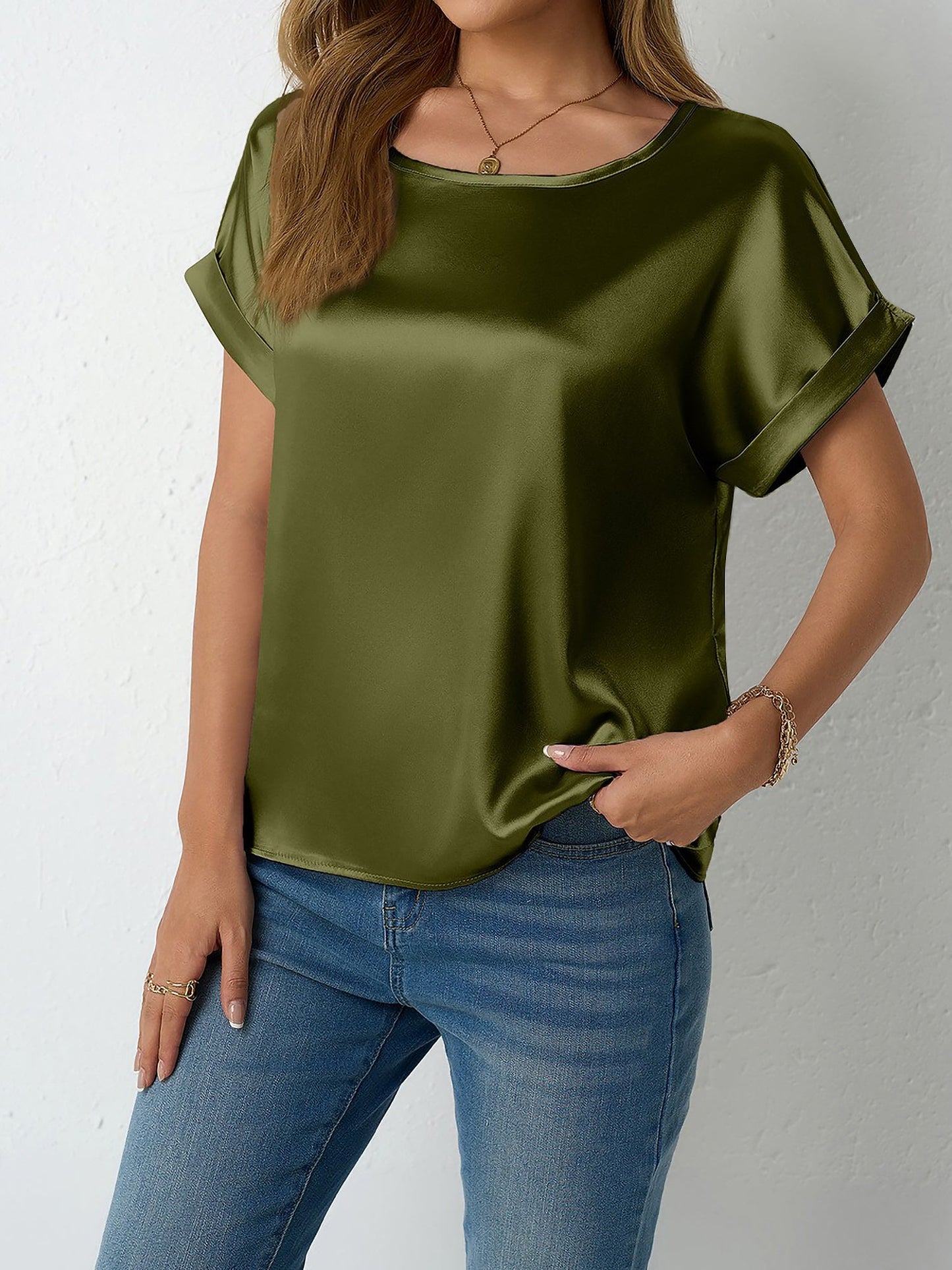 Round Neck Short Sleeves Satin Solid Color Blouse
