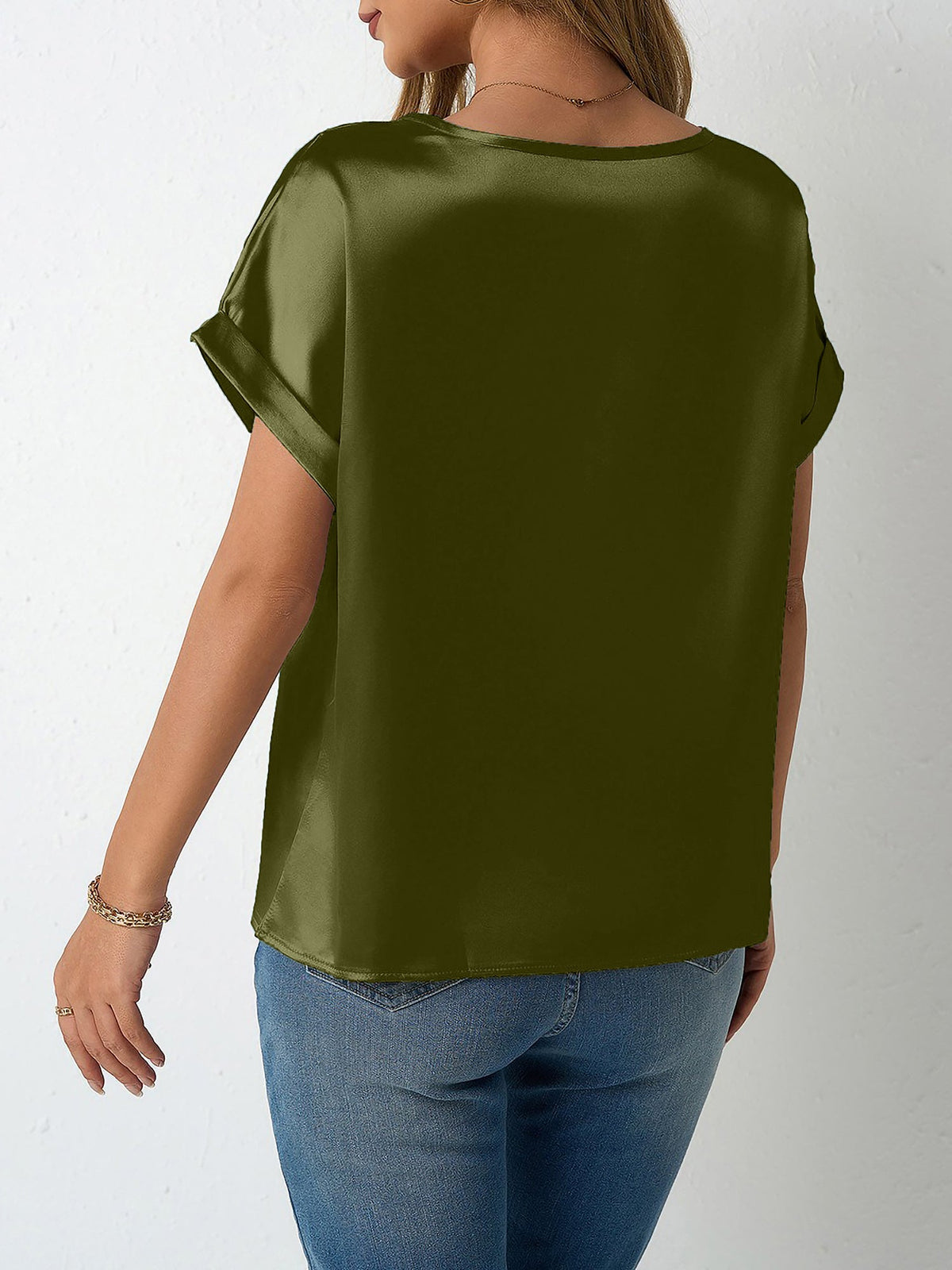 Round Neck Short Sleeves Satin Solid Color Blouse