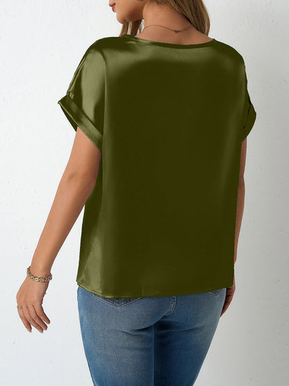 Round Neck Short Sleeves Satin Solid Color Blouse