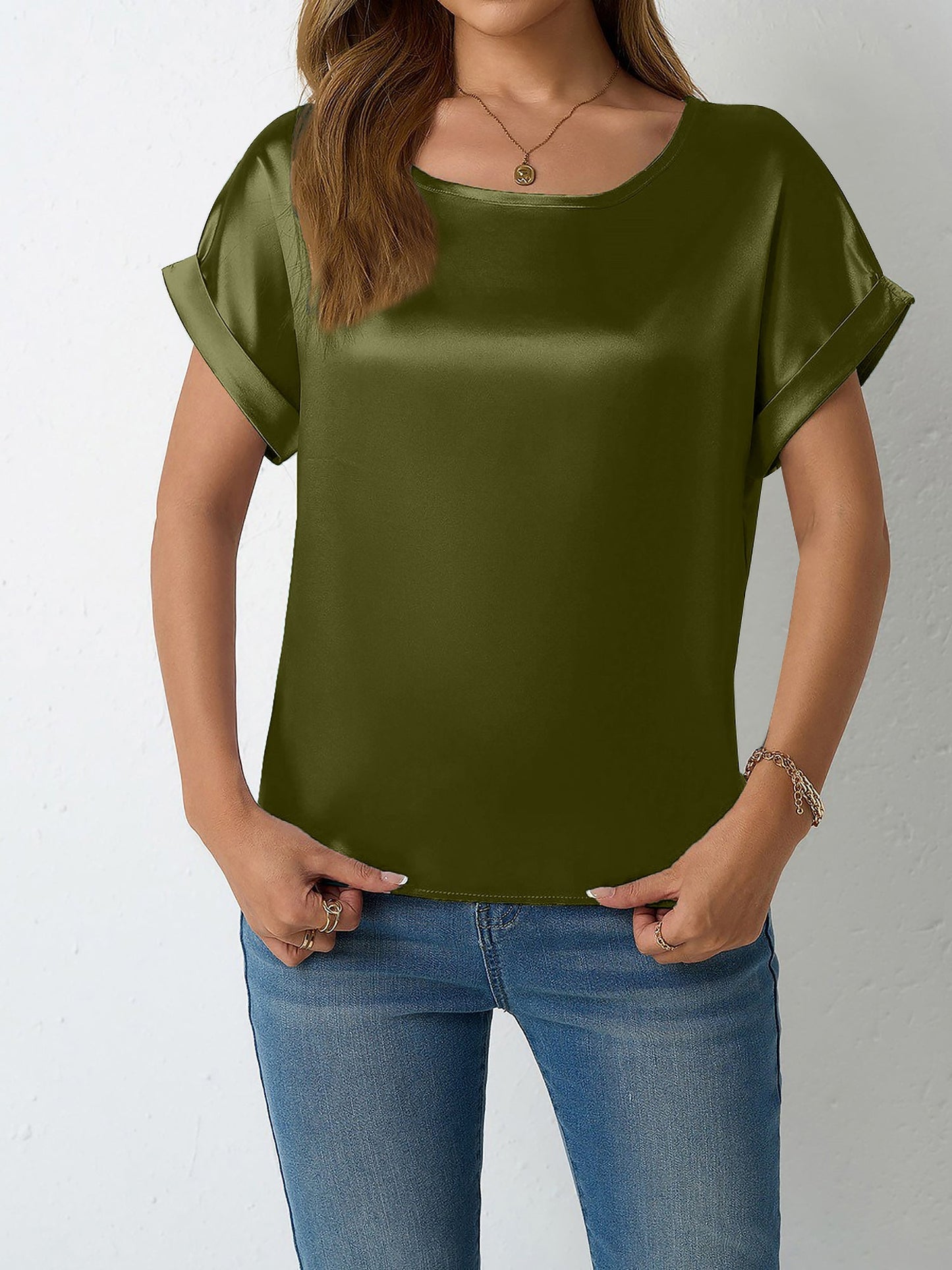 Round Neck Short Sleeves Satin Solid Color Blouse