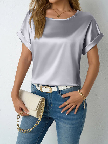 Round Neck Short Sleeves Satin Solid Color Blouse