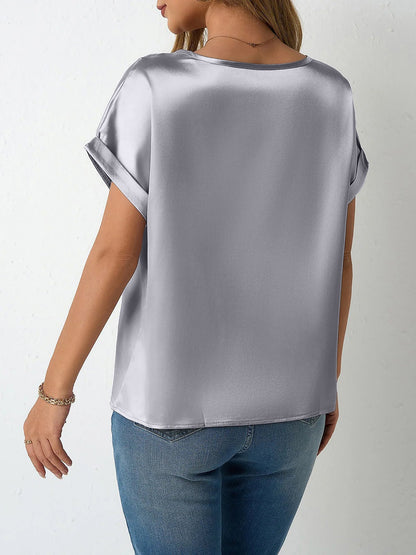 Round Neck Short Sleeves Satin Solid Color Blouse