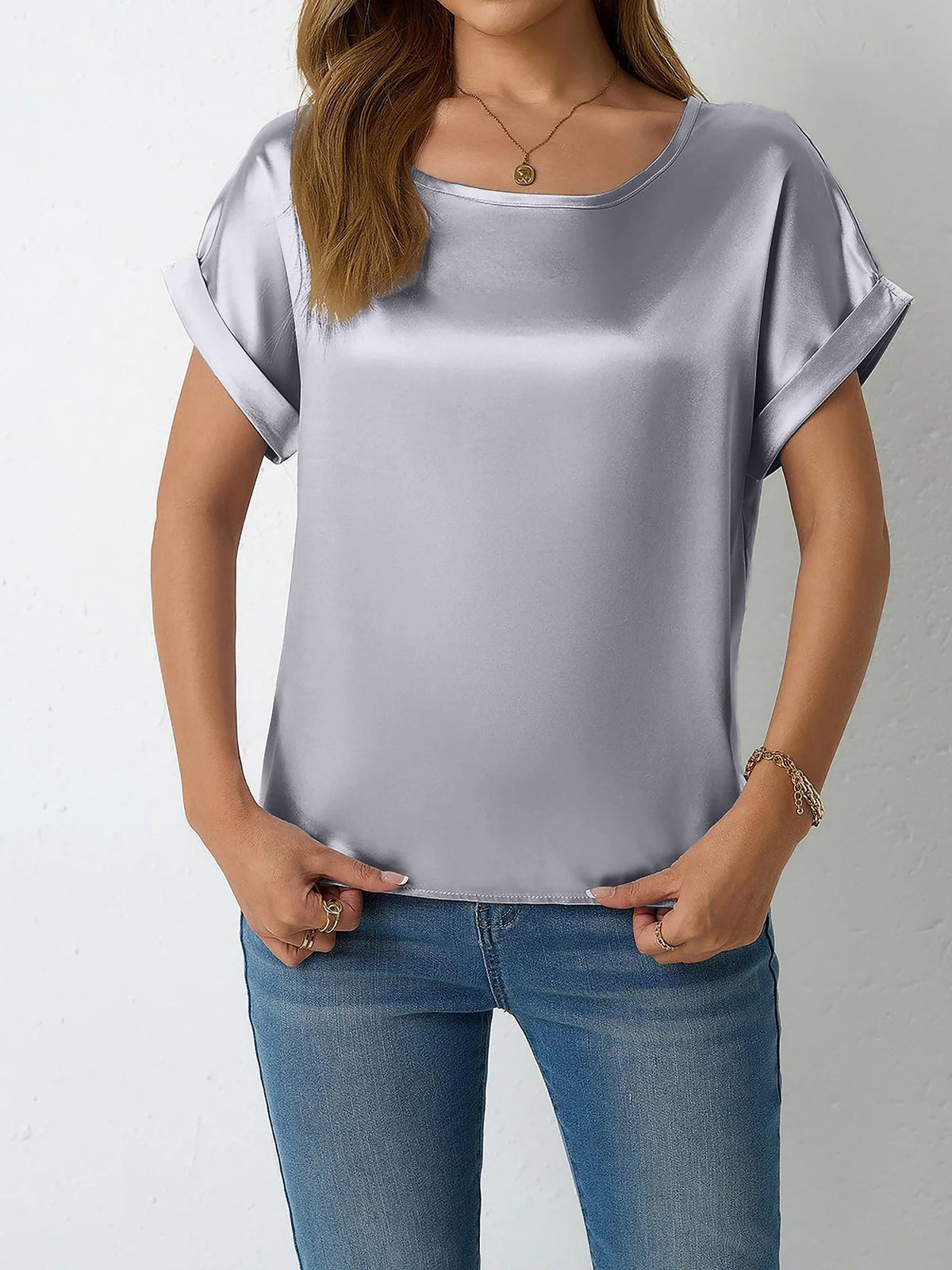 Round Neck Short Sleeves Satin Solid Color Blouse
