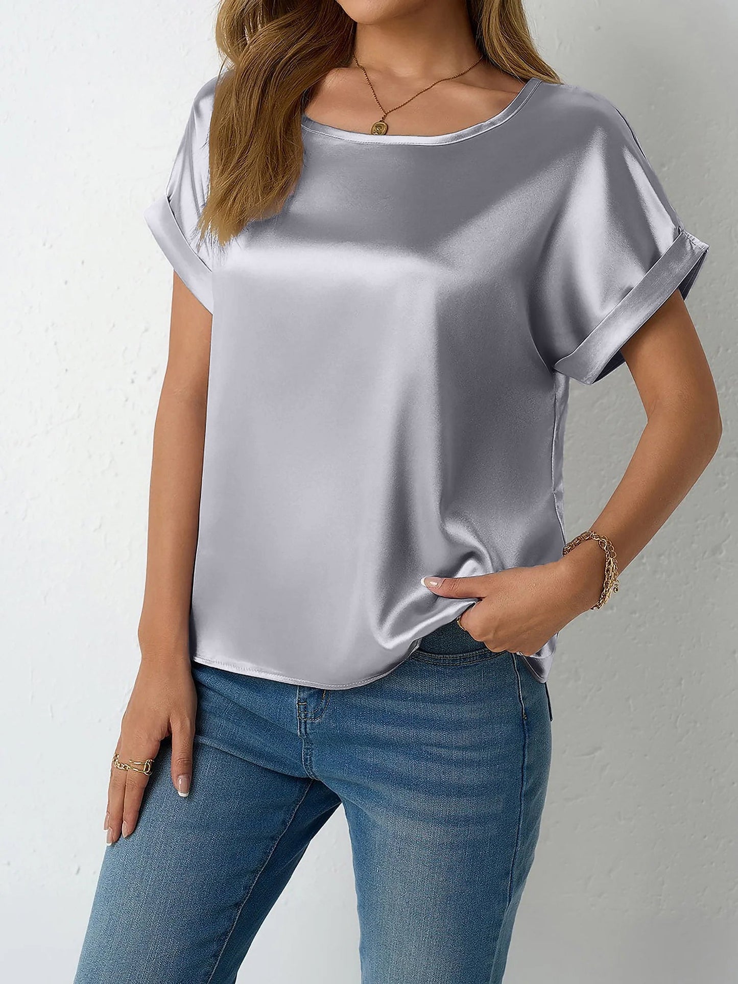 Round Neck Short Sleeves Satin Solid Color Blouse