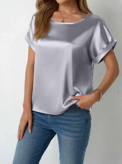 Round Neck Short Sleeves Satin Solid Color Blouse